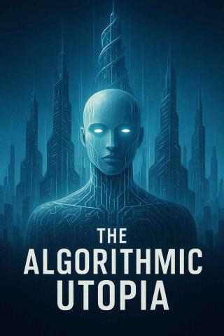 หุ่นยนต์รูปร่างมนุษย์ที่มีเส้นสายวงจรไฟฟ้าบนร่างกาย ใบหน้าดูเคร่งขรึมและมีแสงสว่างสีฟ้าออกมาจากดวงตาและพื้นหลัง รอบตัวหุ่นยนต์มียอดตึกระฟ้าทรงสูงสีฟ้าในบรรยากาศล้ำยุค มีตึกกลางด้านหลังที่มีลักษณะเกลียวสูงเด่นขึ้นมา  ข้อความในภาพเขียนว่า "THE ALGORITHMIC UTOPIA" ตัวอักษรสีขาวขนาดใหญ่ สไตล์ของภาพให้อารมณ์ล้ำอนาคตและเกี่ยวข้องกับเทคโนโลยีหรือปัญญาประดิษฐ์