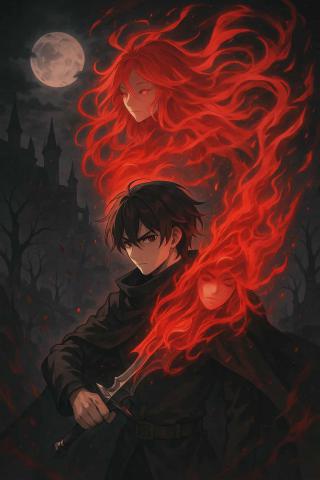 ภาพวาดสไตล์อนิเมะกลางคืน ชายหนุ่มผมดำท่าทางเคร่งขรึมถือดาบในมือ ฉากหลังเป็นปราสาทกับพระจันทร์เต็มดวงบนท้องฟ้า ด้านหลังและรอบตัวชายหนุ่มมีเปลวไฟสีแดงรูปผู้หญิงสองคนผมยาวโบกสะบัดคล้ายวิญญาณหรือพลังเวทมนตร์ บรรยากาศโดยรวมลึกลับ น่าหวาดกลัว มีต้นไม้แห้งๆ และหมอกจางๆ รายล้อมในพื้นหลัง
