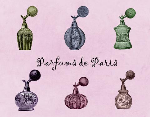 ขวดน้ำหอมโบราณ 6 ขวด วางเรียงกันเป็น 2 แถวบนพื้นหลังสีชมพูอ่อน ขวดแต่ละใบมีลวดลายและรูปทรงต่างกัน ช่วงบนของขวดน้ำหอมมีลูกยางบีบสำหรับฉีด กลางภาพมีข้อความภาษาอังกฤษเขียนว่า "Parfums de Paris" ตัวอักษรลายมือสวยงาม