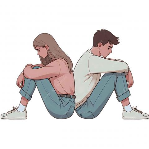 ภาพวาดการ์ตูนของเด็กผู้ชายและเด็กผู้หญิงนั่งหลังชิดกันหันหน้าออกคนละทางทั้งสองคนดูเศร้าหรือคิดมาก ผู้หญิงใส่เสื้อแขนยาวสีชมพู กางเกงยีนส์สีฟ้า รองเท้าผ้าใบสีขาว ถุงเท้าขาว ผมยาวสีน้ำตาล ส่วนเด็กผู้ชายใส่เสื้อแขนยาวสีขาว กางเกงยีนส์สีฟ้า รองเท้าผ้าใบสีขาว ถุงเท้าขาว ผมสีน้ำตาลเข้ม ท่าทางเหม่อหรือครุ่นคิด ไม่สบตากัน บนพื้นหลังสีขาวเรียบง่าย ไม่มีสิ่งรบกวนอื่นๆ