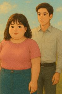 ภาพวาดของเด็กหญิงและเด็กชายยืนอยู่กลางแจ้ง เด็กหญิงอยู่ด้านหน้า มีรูปร่างอ้วน ใส่เสื้อยืดสีชมพูและกระโปรงยีนส์สีฟ้า ผมสั้นประบ่า ส่วนเด็กชายยืนอยู่ด้านหลัง ใส่เสื้อเชิ้ตแขนยาวสีฟ้าอ่อนกับกางเกงขายาวสีเทา ทั้งสองคนมีสีหน้าที่ยิ้มเล็กน้อย พื้นหลังเป็นท้องฟ้าสดใสกับเมฆขาวบางเบา