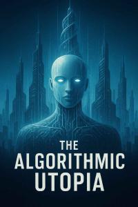 หุ่นยนต์รูปร่างมนุษย์ที่มีเส้นสายวงจรไฟฟ้าบนร่างกาย ใบหน้าดูเคร่งขรึมและมีแสงสว่างสีฟ้าออกมาจากดวงตาและพื้นหลัง รอบตัวหุ่นยนต์มียอดตึกระฟ้าทรงสูงสีฟ้าในบรรยากาศล้ำยุค มีตึกกลางด้านหลังที่มีลักษณะเกลียวสูงเด่นขึ้นมา  ข้อความในภาพเขียนว่า "THE ALGORITHMIC UTOPIA" ตัวอักษรสีขาวขนาดใหญ่ สไตล์ของภาพให้อารมณ์ล้ำอนาคตและเกี่ยวข้องกับเทคโนโลยีหรือปัญญาประดิษฐ์