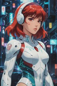 หญิงสาวลักษณะเป็นตัวการ์ตูนอนิเมะ ยืนอยู่กลางถนนในเมืองที่มีแสงไฟนีออนหลากสีเต็มไปหมดในยามค่ำคืน เธอมีผมสีแดงตัดสั้น ใส่หูฟังขนาดใหญ่สีขาว และใส่ชุดเกราะไฮเทคล้ำสมัยแนบลำตัวสีขาวตัดกับลวดลายฟ้าแดง มีลายเส้นไฟฟ้าและโลโก้บนแขนข้างหนึ่ง ใบหน้าจริงจัง มีรอยสักลวดลายเล็กๆ ที่แก้มขวา บรรยากาศโดยรอบดูเป็นเมืองอนาคตหรือไซเบอร์พังค์