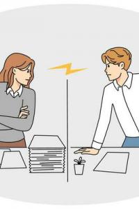 ภาพวาดการ์ตูนของชายหญิงสองคนในชุดทำงาน กำลังยืนประจันหน้ากันโดยมีเส้นแบ่งกั้นตรงกลาง ทั้งสองคนมีท่าทางไม่พอใจและจ้องหน้ากันอย่างจริงจัง ที่ตรงกลางมีสัญลักษณ์สายฟ้า สื่อถึงความตึงเครียดหรือการทะเลาะกัน บนโต๊ะมีเอกสารกองสูงและเครื่องคอมพิวเตอร์แยกอยู่ฝั่งละเครื่อง สื่อถึงบรรยากาศการทำงานที่มีความขัดแย้งหรือความคิดเห็นไม่ตรงกัน