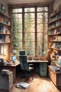 ภาพห้องทำงานที่มีคอมพิวเตอร์ตั้งโต๊ะ รวมถึงคอมพิวเตอร์โน๊ตบุ๊คตั้งวางอยู่บนโต๊ะ ในห้องมีชั้นหนังสือและเอกสารมากมาย