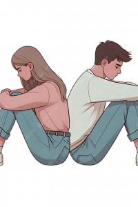 ภาพวาดการ์ตูนของเด็กผู้ชายและเด็กผู้หญิงนั่งหลังชิดกันหันหน้าออกคนละทางทั้งสองคนดูเศร้าหรือคิดมาก ผู้หญิงใส่เสื้อแขนยาวสีชมพู กางเกงยีนส์สีฟ้า รองเท้าผ้าใบสีขาว ถุงเท้าขาว ผมยาวสีน้ำตาล ส่วนเด็กผู้ชายใส่เสื้อแขนยาวสีขาว กางเกงยีนส์สีฟ้า รองเท้าผ้าใบสีขาว ถุงเท้าขาว ผมสีน้ำตาลเข้ม ท่าทางเหม่อหรือครุ่นคิด ไม่สบตากัน บนพื้นหลังสีขาวเรียบง่าย ไม่มีสิ่งรบกวนอื่นๆ