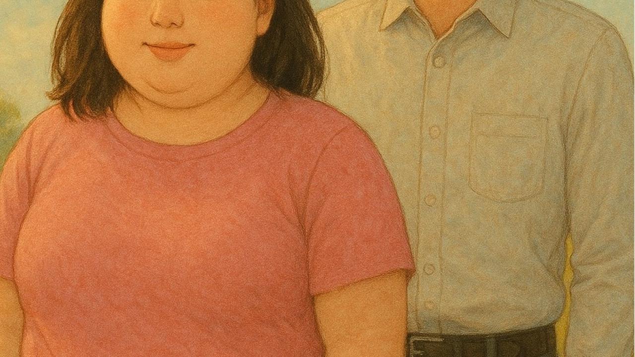 ภาพวาดของเด็กหญิงและเด็กชายยืนอยู่กลางแจ้ง เด็กหญิงอยู่ด้านหน้า มีรูปร่างอ้วน ใส่เสื้อยืดสีชมพูและกระโปรงยีนส์สีฟ้า ผมสั้นประบ่า ส่วนเด็กชายยืนอยู่ด้านหลัง ใส่เสื้อเชิ้ตแขนยาวสีฟ้าอ่อนกับกางเกงขายาวสีเทา ทั้งสองคนมีสีหน้าที่ยิ้มเล็กน้อย พื้นหลังเป็นท้องฟ้าสดใสกับเมฆขาวบางเบา