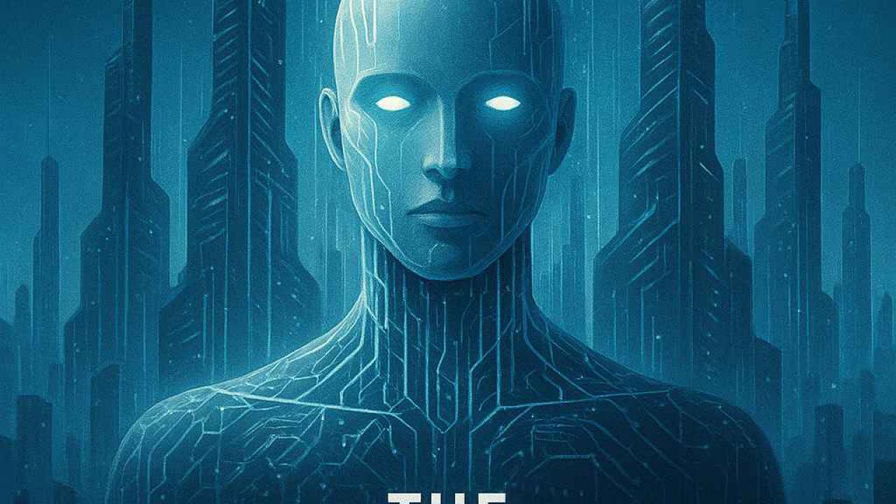 หุ่นยนต์รูปร่างมนุษย์ที่มีเส้นสายวงจรไฟฟ้าบนร่างกาย ใบหน้าดูเคร่งขรึมและมีแสงสว่างสีฟ้าออกมาจากดวงตาและพื้นหลัง รอบตัวหุ่นยนต์มียอดตึกระฟ้าทรงสูงสีฟ้าในบรรยากาศล้ำยุค มีตึกกลางด้านหลังที่มีลักษณะเกลียวสูงเด่นขึ้นมา  ข้อความในภาพเขียนว่า "THE ALGORITHMIC UTOPIA" ตัวอักษรสีขาวขนาดใหญ่ สไตล์ของภาพให้อารมณ์ล้ำอนาคตและเกี่ยวข้องกับเทคโนโลยีหรือปัญญาประดิษฐ์