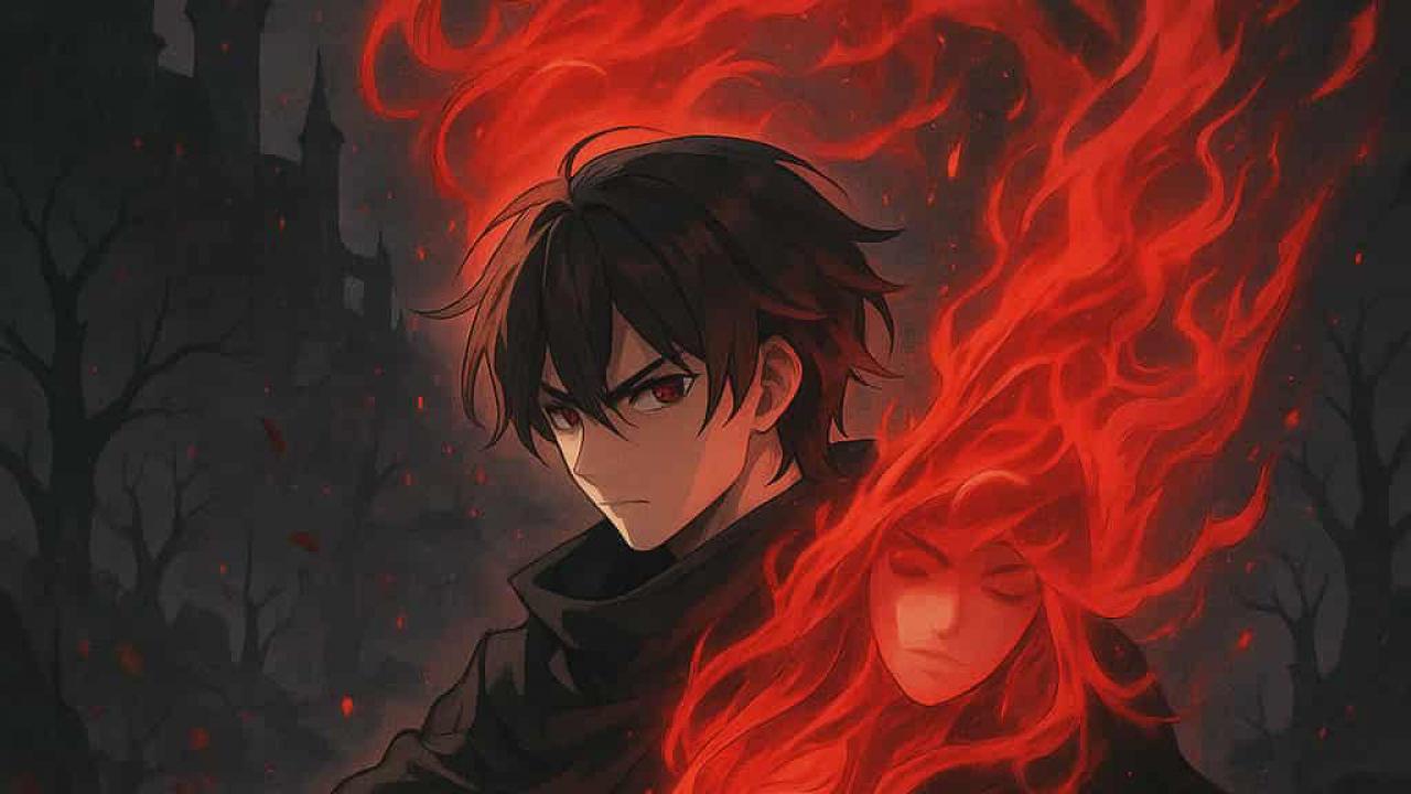 ภาพวาดสไตล์อนิเมะกลางคืน ชายหนุ่มผมดำท่าทางเคร่งขรึมถือดาบในมือ ฉากหลังเป็นปราสาทกับพระจันทร์เต็มดวงบนท้องฟ้า ด้านหลังและรอบตัวชายหนุ่มมีเปลวไฟสีแดงรูปผู้หญิงสองคนผมยาวโบกสะบัดคล้ายวิญญาณหรือพลังเวทมนตร์ บรรยากาศโดยรวมลึกลับ น่าหวาดกลัว มีต้นไม้แห้งๆ และหมอกจางๆ รายล้อมในพื้นหลัง